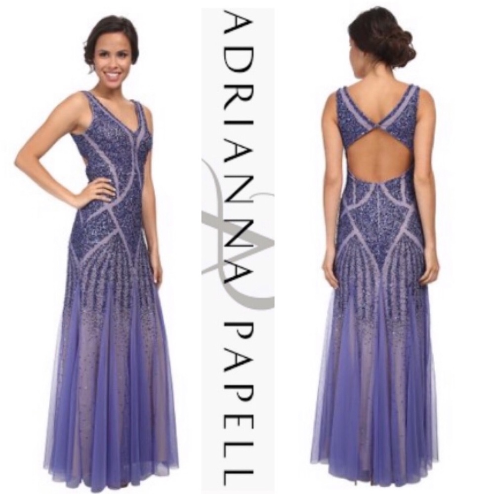 Adrianna Papell beaded V-neck low back mermaid long gown - Picture 2 of 7